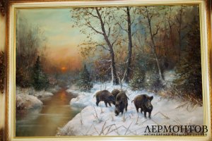 Картина. Кабаны. Людвиг Кляйн. Холст, масло.  Германия