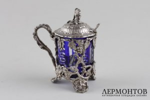 Горчичница с кобальтовым стеклом. Серебро 950 пробы. Франция, конец XIX в.