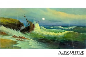 Панно Корабль в бушующем море. СССР, Федоскино, художник Обухов, 1977 г.
