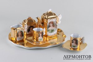 КОФЕЙНЫЙ СЕРВИЗ. ФАРФОР, РУЧНАЯ РОСПИСЬ,ЗОЛОЧЕНИЕ. ЕВРОПА, XIX ВЕК.