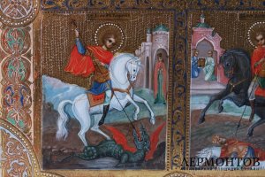Икона Четырехчастная Казанская БМ, Ник. Чудотворец, Георгий Победоносец, Д. Солунский