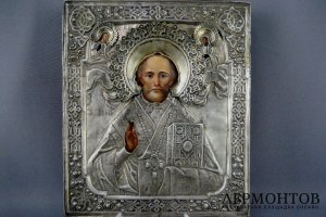 Св. Николай Чудотворец. Дерево, масло, серебро 84, Россия, 1877 год.