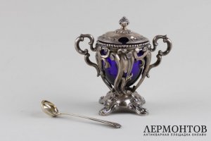 Горчичница с кобальтовым стеклом. Серебро 950 пробы. Франция, XIX век.