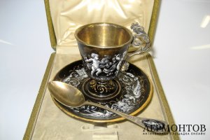 Кофейная пара. Серебро 950 пробы, золочение, эмаль.  Европа,  XIX век.