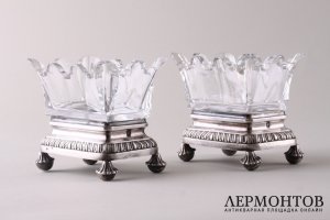 Солонки вазочки парные Courtois. Серебро 950 пробы, хрусталь. Франция, XIX век.