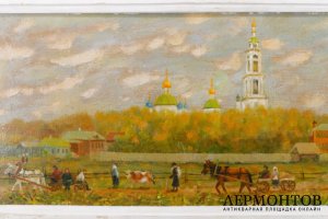 Картина Сельский пейзаж. 1920-1940е гг. Оргалит, масло.