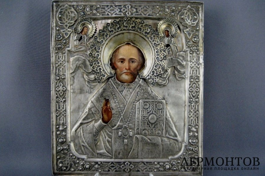 Св. Николай Чудотворец. Дерево, масло, серебро 84, Россия, 1877 год.