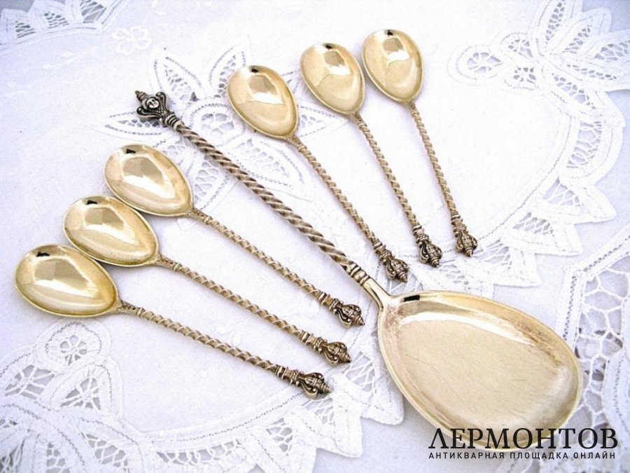 Набор для мороженого с маскаронами. Серебро 800. Германия