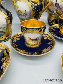 Кофейный сервиз с райскими птицами на кобальте. Фарфор, роспись, золочение, Германия, 19 век