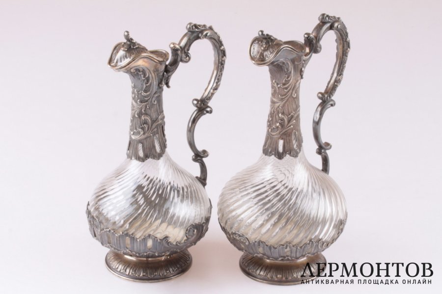 Пара графинов. Серебро 950 пробы, хрусталь. Конец XIX в.  Франция