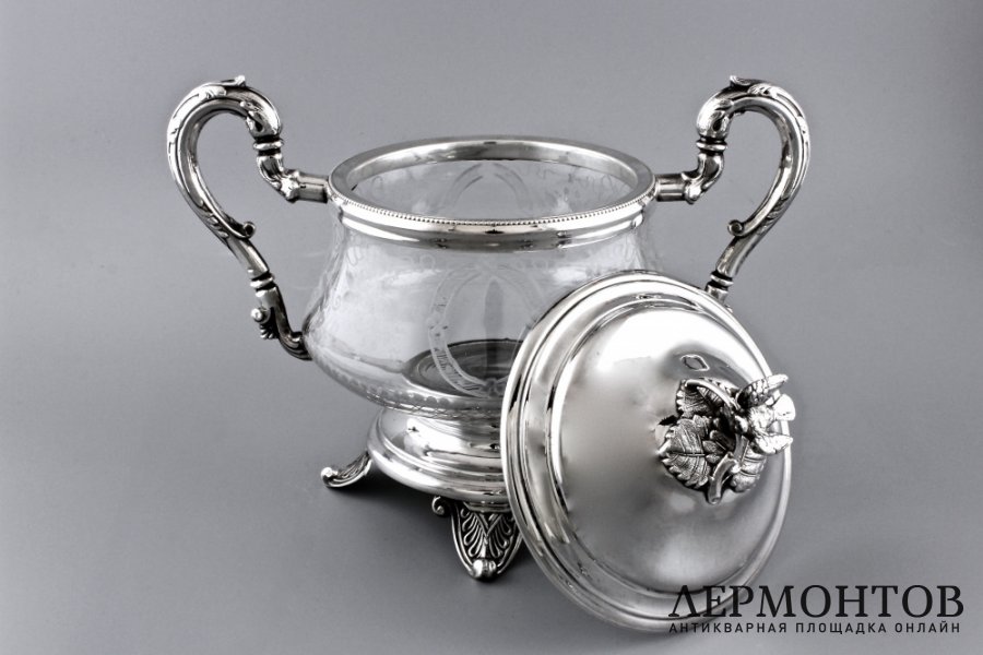Сахарница в оправе. Серебро 950 пробы, стекло. Франция, XIX в.