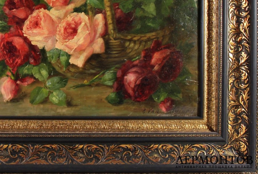 Картина. Натюрморт Цветочная корзина. VAN MULDERS. Бельгия, 19 век