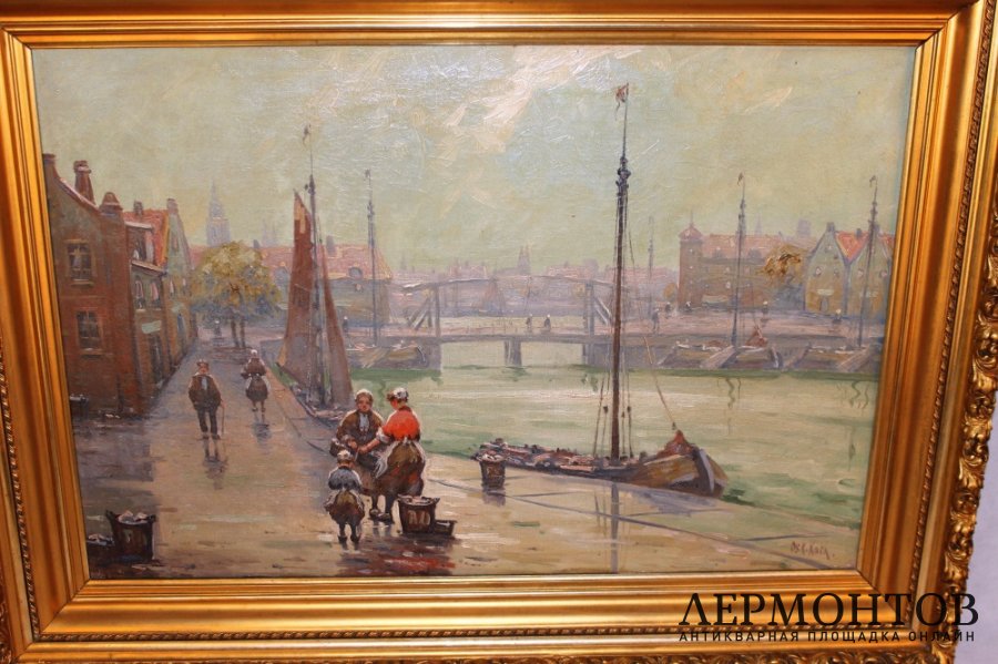 Картина. Цветочный рынок. Оскар Кох. Холст, масло. Германия
