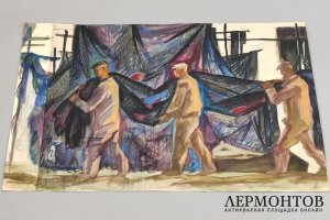 Курзенков Леонид Сергеевич. Рыбаки с сетью. Бумага, смешанная техника. 1960-70е гг.