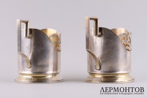 Парные подстаканники Сказка о рыбаке и рыбке. СССР, Артель Мосювелир. Серебро 875 пр.