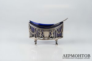 Солонка. Серебро 950 пробы, кобальтовое стекло. Франция, XIX.