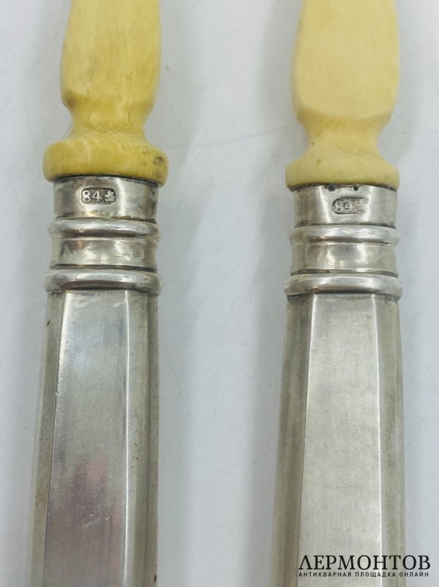 Ложка и вилка для салата. Серебро 84 пробы, кость, П. Овчинников, Россия, 1880-е годы