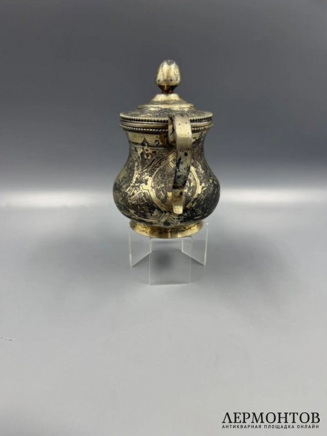 Сахарница в неорусском стиле. Серебро 84 пробы, чернь, Россия, 1878 год