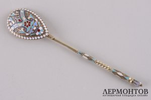 Чайная ложка, перегородчатая эмаль. Серебро 84 пробы. Российская империя, конец 1890х