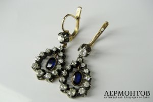Серьги. Золото 56 пробы. Сапфиры, бриллианты. Российская Империя.