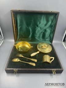 Дорожный набор для завтрака в коробке. Серебро 950 пробы, Christofle, Франция, конец 19 века