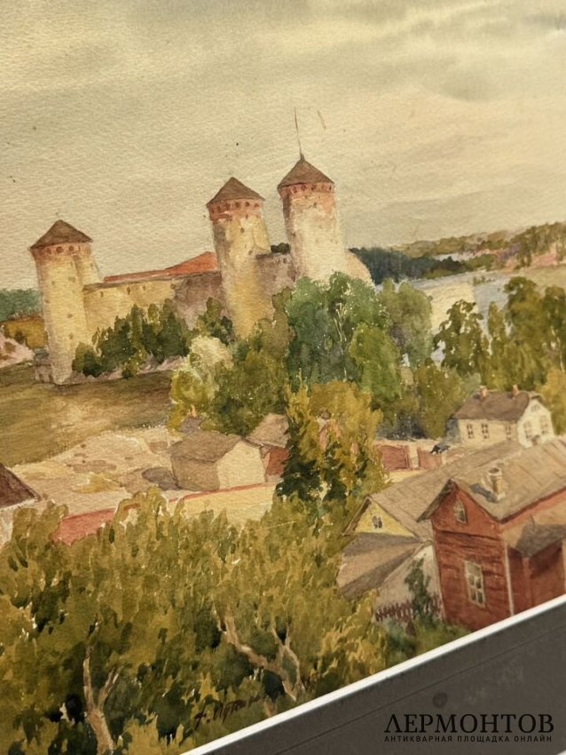 Картина «Крепость на берегу озера». Картон, акварель, Россия, 1913 год