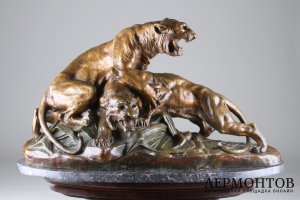 Скульптура. Схватка двух тигров. Edouard Drouot. Бронза, золочение. Франция