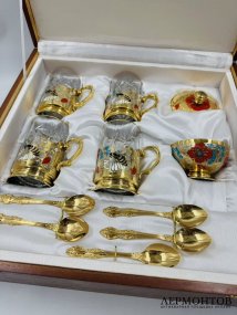Набор для чаепития: медовница, подстаканники, поднос. Латунь, Златоуст, 2014