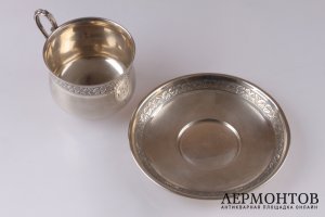Чайная пара Hector Alfred. Серебро 950 пробы, гильоше. Конец XIX в. Франция