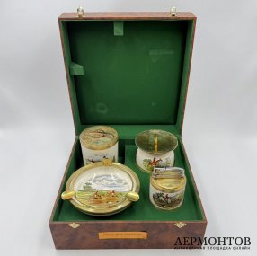 Набор для курения Охота. Англия, 1950-е гг. Фарфор, серебро 925 пр, золото 585 пр.