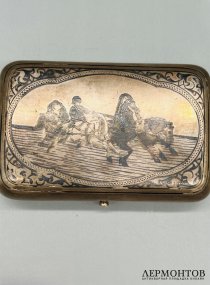 Портсигар «Русская тройка». Серебро 84 пробы, чернь, И. Футикин, Россия, 1886 год