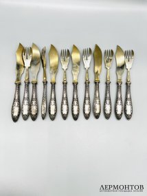 Набор для рыбы на 6 персон, 12 предметов. Серебро 84 пробы, Россия, 1908–1917 годы