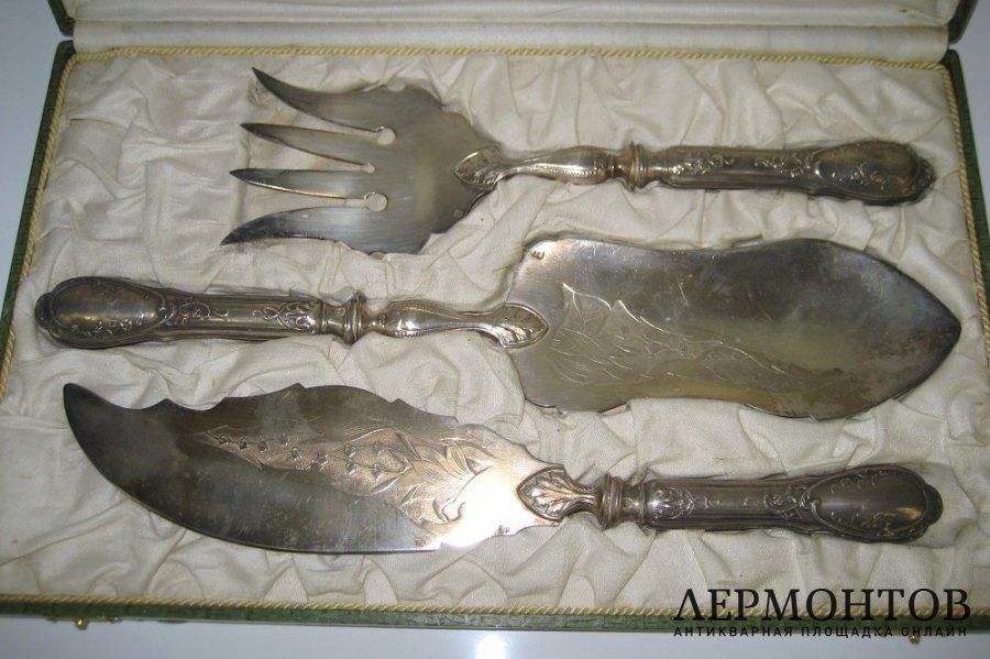 Раздаточный набор для рыбы. Серебро 950 пробы, сталь. Франция, XIX век.