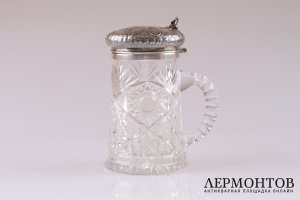 Кружка с откидной крышкой. Серебро 800, хрусталь. Европа