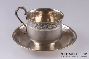 Чайная пара Hector Alfred. Серебро 950 пробы, гильоше. Конец XIX в. Франция