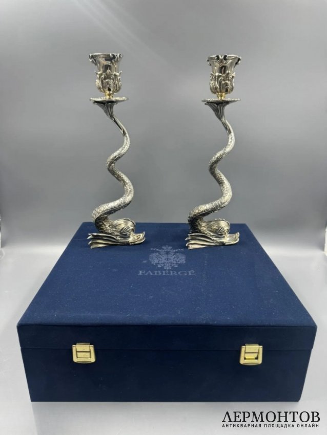 Парные подсвечники «Дельфины». Серебро 925 пробы, Faberge, Франция