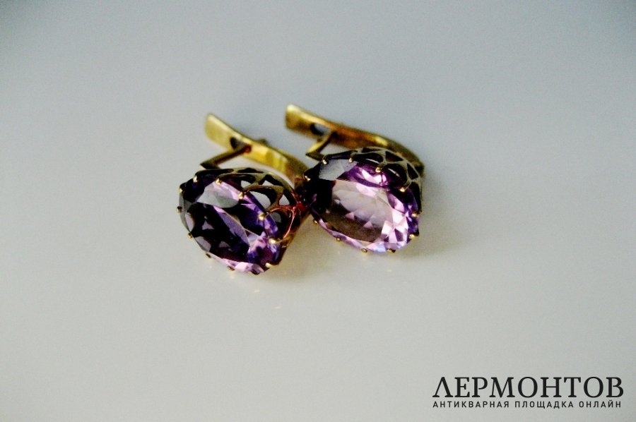 Серьги. Золото 56 пробы. Аметисты.  Российская Империя.