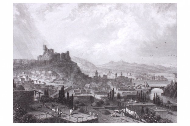 Гравюра. Вид на Тифлис, Тбилиси. Руарг. Франция, 1854 год.