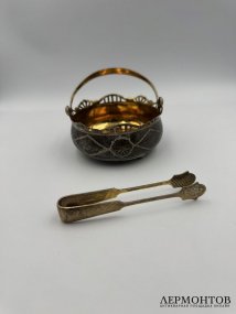 Сахарница и щипцы для сахара. Серебро 875 пробы, золочение, СССР, 2-я половина 20 века