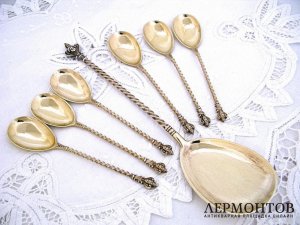 Набор для мороженого с маскаронами. Серебро 800. Германия