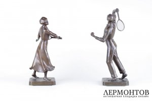 Парные скульптуры Теннисисты в стиле Ар Деко. Зап. Европа, 1930-е гг.  Шпиатр.