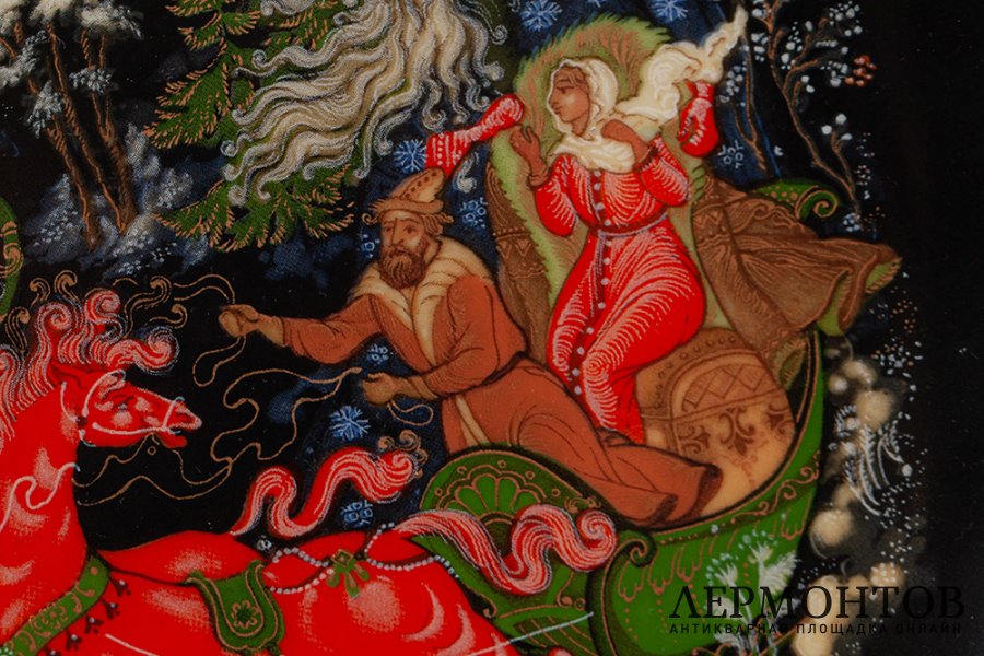 Тарелка Сказка Морозко. СССР, Палех, худ. Нина Лопатина, 1990 г. Фарфор, деколь.