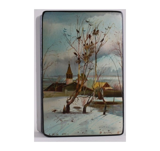 Шкатулка с лаковой миниатюрой Грачи прилетели. СССР, Федоскино, 1960-е гг. Папье-маше
