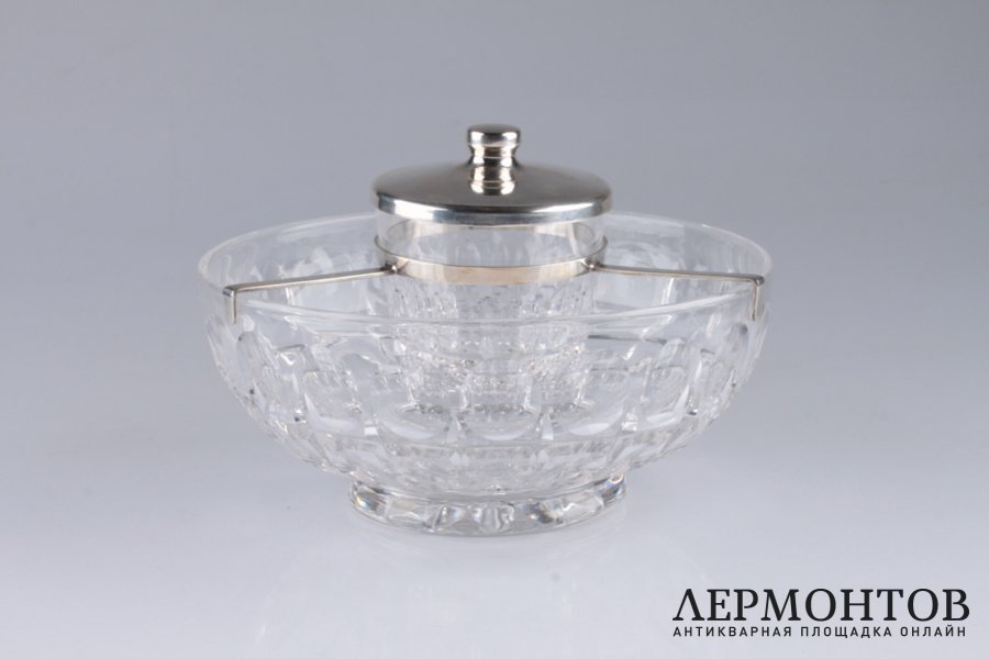 Икорница. Ювелирная фирма Cartier. Франция, Париж. Серебро 925. Хрусталь.
