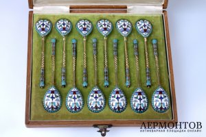 Ложки кофейные с эмалью. Серебро 84 пробы. Российская империя
