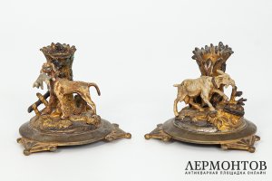 Парные подсвечники с фигурками животных. Западная Европа, 1 половина 20 века. Бронза.