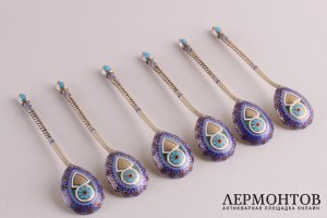Комплект кофейных ложек. Антип Кузьмичев. Серебро 88 пробы, эмаль. Россия, XIX в.