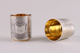 Парные стопки в русском стиле. Серебро 84 пробы, золочение. Россия, 1887  год.