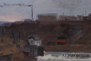 Картина Воркутинская ТЭЦ-1. Россия, художник Русских А. Е., 1961. Картон, масло.