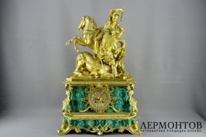 Каминные часы. Шарль Мартель. Скульптор GECHTER. Бронза, малахит, Франция, XIX век.